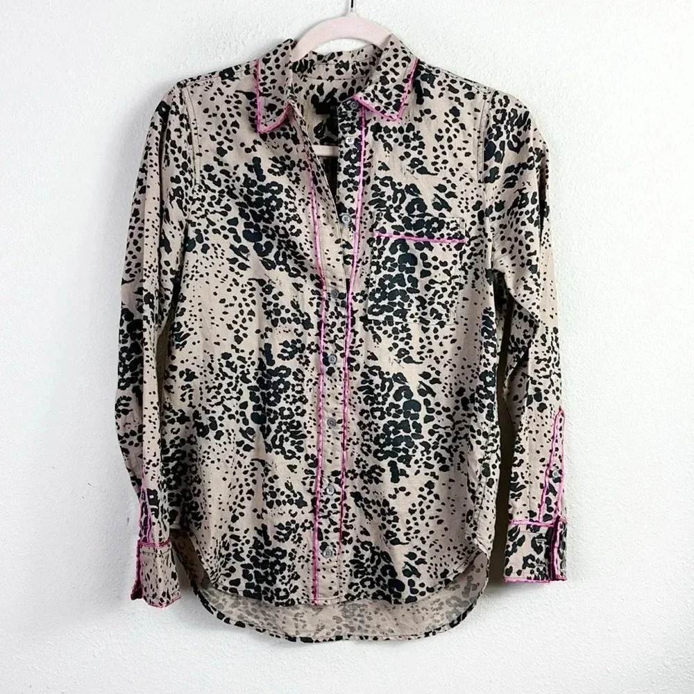 J. Crew Linen Cotton Blend Leopard Cheetah Animal Print Button Down Shirt sz XXS